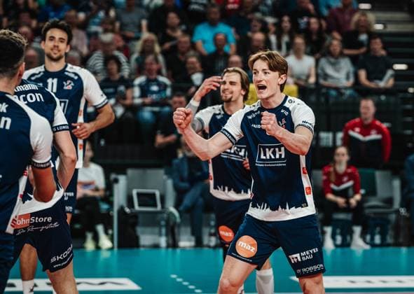 Volleyball Men Season 2024 2025 Volleyball Bundesliga Playoff Semifinal Game 3 SVG Lüneburg vs VfB Friedrichshafen 12 04 2025 Oskar Alve Espeland 9 SVG Lüneburg cheers Lüneburg LKH Arena Niedersachsen Germany