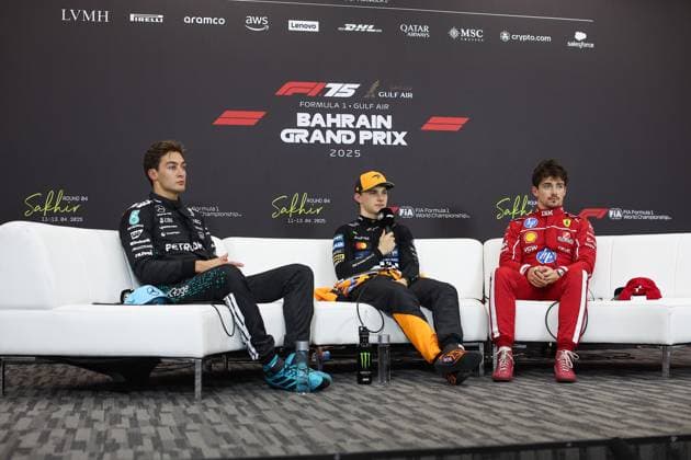 F1 - BAHRAIN GRAND PRIX 2025 RUSSELL George (gbr), Mercedes AMG F1 Team W16, portrait PIASTRI Oscar (aus), McLaren F1 Team MCL39, portrait LECLERC Charles (mco), Scuderia Ferrari SF-25, portrait press conference, PK, Pressekonferenz during the Formula 1 Gulf Bahrain Grand Prix 2025, 4th round of the 2025 FIA Formula One World Championship, WM, Weltmeisterschaft from April 11 to 13, 2025 on the Bahrain International Circuit, in Sakhir, Bahrain - Copyright: xEricxAlonsox