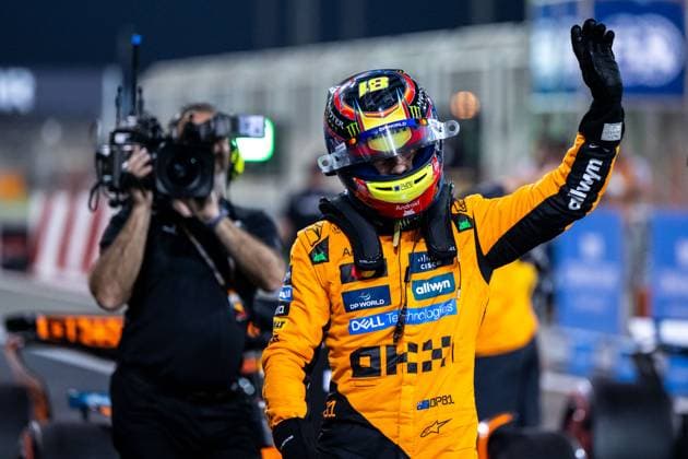 Oscar Piastri McLaren Formula 1 Team, Australia, 81 celebrates first place and pole position at Parc Ferme, BAH, Formula 1 World Championship, Gulf Air Grand Prix of Bahrain, Bahrain International Circuit, Qualifying, 2025 season, 12 04 2025 BAH, Formula 1 World Championship, Gulf Air Grand Prix of Bahrain, Bahrain International Circuit, Qualifying, 2025 season, 12 04 2025 Sakhir Copyright: xEibner-Pressefoto Memmlerx EP_MMR