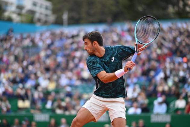 Rolex Masters - Lorenzo Musetti v Alex de Minaur Lorenzo Musetti (ITA) during his semi final match at the Monaco Rolex Masters in Monte Carlo, Monaco on April 12, 2025. Photo by Corinne Dubreuil ABACAPRESS.COM Monaco Monaco  Copyright: xDubreuilxCorinne ABACAx