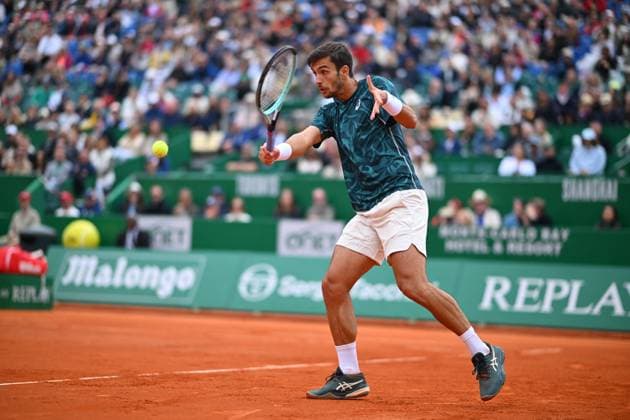 Rolex Masters - Lorenzo Musetti v Alex de Minaur Lorenzo Musetti (ITA) during his semi final match at the Monaco Rolex Masters in Monte Carlo, Monaco on April 12, 2025. Photo by Corinne Dubreuil ABACAPRESS.COM Monaco Monaco  Copyright: xDubreuilxCorinne ABACAx