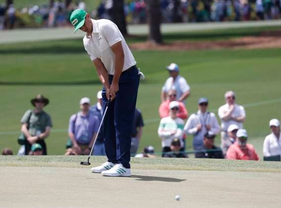 Ludvig Aberg of Sweden putts on the second hole during the third round of the 2025 Masters golf tournament at Augusta National Golf Club in Augusta, Georgia, on Saturday, April 12, 2025.  AUG20250412503 TANNENxMAURY