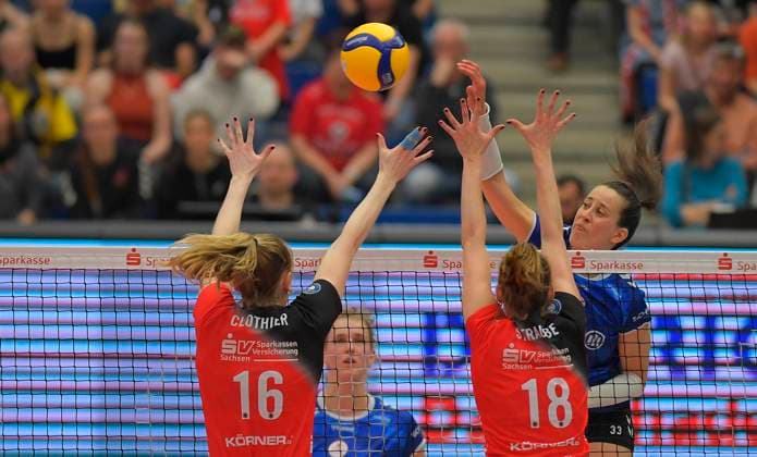 12 04 2025, Dresdens Sarah Straube and Dresdens Emma Clothier with Stuttgarts Maria Segura Palleres, volleyball, play off semi-final, best of three, Dresdner SC MTV Stuttgart 3 2, c Dresden Saxony