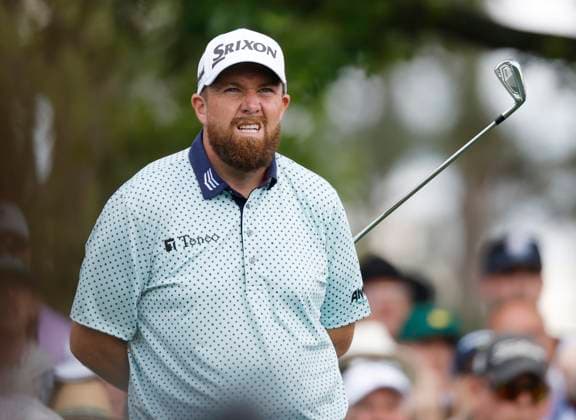 Shane Lowry of Ireland reacts after his tee shot on the 4th hole during the third round of the 2025 Masters golf tournament at Augusta National Golf Club in Augusta, Georgia, on Saturday, April 12, 2025.  AUG20250412534 JOHNxANGELILLO