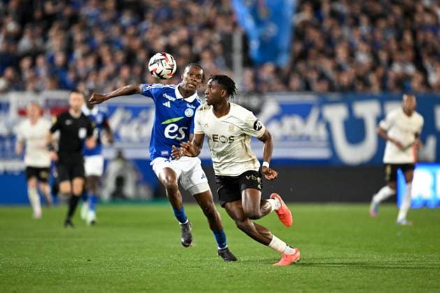 RC Strasbourg Alsace v OGC Nice - Ligue 1 McDonald s 2024 2025 10 Emmanuel Esseh EMEGHA (rcsa) - 64 Moise BOMBITO (ogcn) during the Ligue 1 McDonald s match between Strasbourg and Nice at Stade de la Meinau on April 12, 2025 in Strasbourg, France. Strasbourg France  Copyright: xFEPx 776305386