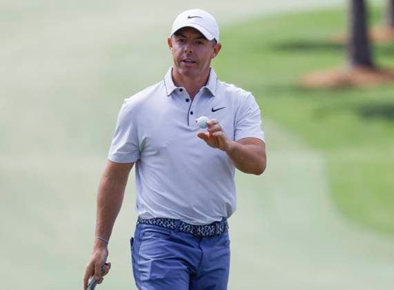 Rory McIlroy of Northern Ireland reacts after putting on the 7th hole during the third round of the 2025 Masters golf tournament at Augusta National Golf Club in Augusta, Georgia, on Saturday, April 12, 2025.  AUG20250412548 TANNENxMAURY