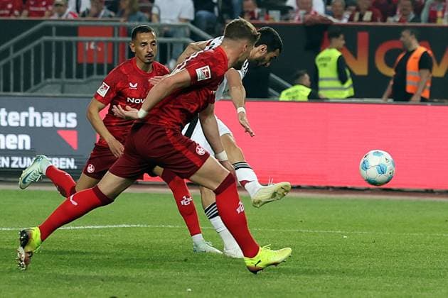 12 04 2025, xrekx, Fußball 2 Bundesliga, 1 FC Kaiserslautern 1 FC Nürnberg v l Goal shot to 0 2 by Mahir Emreli 1 FC Nuernberg Kenny Prince Redondo 1 FC Kaiserslautern Jan Elvedi 1 FC Kaiserslautern DFL DFB REGULATIONS PROHIBIT ANY USE OF PHOTOGRAPHS as IMAGE SEQUENCES and or QUASI VIDEO Kaiserslautern