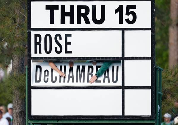 Sport Themen der Woche KW15 Sport Bilder des Tages Name plates are changed on the 16th green as Justin Rose and Bryson DeCambeau arrive during the third round of the 2025 Masters golf tournament at Augusta National Golf Club in Augusta, Georgia, on Saturday, April 12, 2025.  AUG20250412582 JOHNxANGELILLO