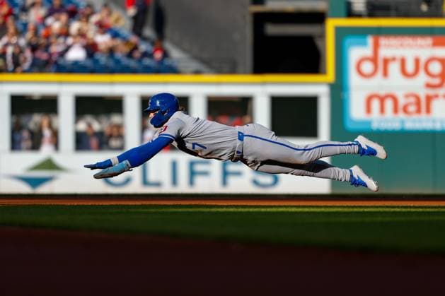 MLB, Baseball Herren, USA 2025: Royals Vs Guardians APR 12 April 12, 2025: Kansas City Royals shortstop Bobby Witt Jr. (7) dives towards second base during the baseball game between the Kansas City Royals and Cleveland Guardians at Progressive Field in Cleveland, Ohio. Brian Fisher CSM (Credit Image: Â Brian Fisher Cal Media) Cleveland Ohio United States of America EDITORIAL USE ONLY Copyright: xx ZUMA-20250412_zma_c04_206.jpg BrianxFisherx csmphotothree375351