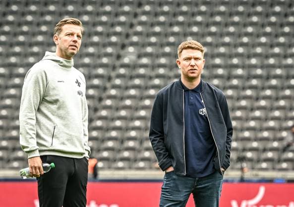 Soccer 2 Bundesliga, Hertha BSC Berlin SV Darmstadt 98 12 04 2025, xdanx, Soccer 2 Bundesliga, Hertha BSC Berlin SV Darmstadt 98 v l Florian Kohfeldt SV Darmstadt 98 Trainer , Paul Fernie Sport Director of SV Darmstadt 98 DFL DFB REGULATIONS PROHIBIT ANY USE OF PHOTOGRAPHS as IMAGE SEQUENCES and or QUASI VIDEO Daniel Lakomski Mix1Press Berlin Olympiastadion Berlin Germany DEU Copyright: xDanielxLakomskix