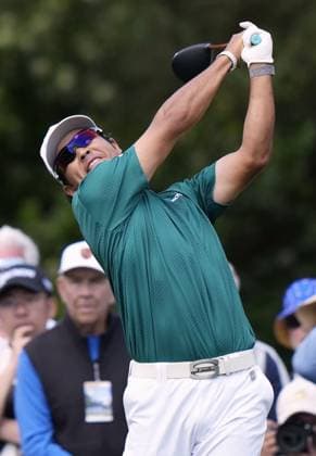 Golf: Masters Tournament Hideki Matsuyama of Japan hits off the fifth tee during the third round of the Masters Tournament at Augusta National Golf Club in Augusta, Georgia, on April 12, 2025.  A14AA0004439860P