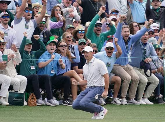 Golf: Masters Tournament Rory McIlroy of Northern Ireland reacts after making an eagle putt on the second hole during the third round of the Masters Tournament at Augusta National Golf Club in Augusta, Georgia, on April 12, 2025.  A14AA0004439879P