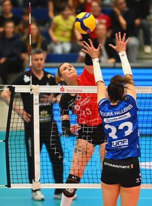 behind the net Marta Kamelija Levinska Dresden vs Maria Segura Palleres Stuttgart , Dresdner SC vs Allianz MTV Stuttgart, Volleyball, 1 Bundesliga Women, 1 Liga, Margon Arena Dresden Bodenbacher Straße, DSC, Season 2024 2025, 12 04 2025,