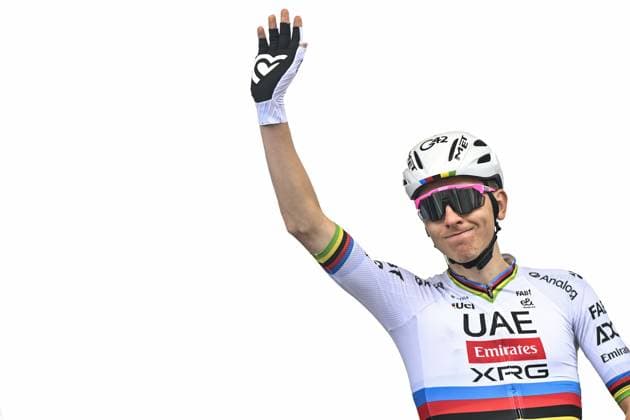 Slovenian Tadej Pogacar of UAE Team Emirates pictured at the start of the men elite race of the Paris-Roubaix one day cycling race, 259,2 km from Compiegne to Roubaix, France, on Sunday 13 April 2025. JASPERxJACOBS  x120698706x