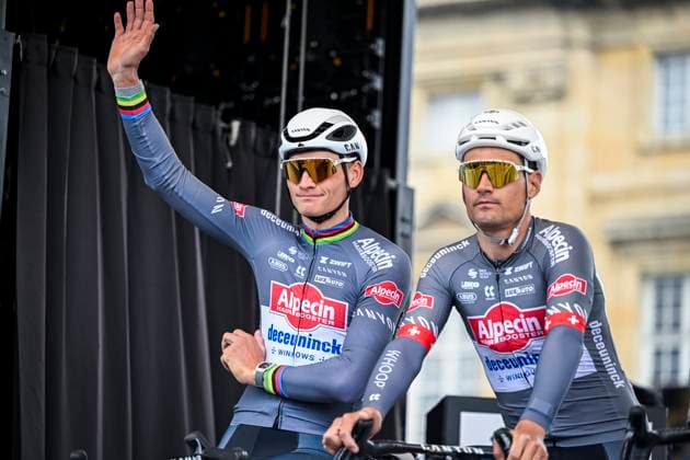 Paris Roubaix 2025 Cycling Race Roubaix, France - April 13 : Dillier Silvan (CHE) of Alpecin-Deceuninck, Van Der Poel Mathieu (NED) of Alpecin - Deceuninck on stage before the start of the race during the 122nd edition of Paris Roubaix an UCI World Tour cycling race for Men Elite of 259,7 kms with start in Compiegne and finish at the Velodrome Andre-Petrieux in Roubaix on April 13, 2025 in Roubaix, France, 13 04 2025 ( Motordriver Kenny Verfaillie - Roubaix France  Copyright: xNicoxVereeckenx