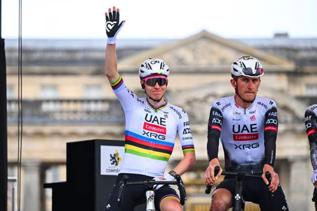 Paris Roubaix 2025 Cycling Race Roubaix, France - April 13 : Pogacar Tadej (SLO) of UAE Team Emirates - XRG and Bjerg Mikkel (DEN) of UAE Team Emirates - XRG on stage before the start of the race during the 122nd edition of Paris Roubaix an UCI World Tour cycling race for Men Elite of 259,7 kms with start in Compiegne and finish at the Velodrome Andre-Petrieux in Roubaix on April 13, 2025 in Roubaix, France, 13 04 2025 ( Motordriver Kenny Verfaillie - Roubaix France  Copyright: xVincentxKalutx
