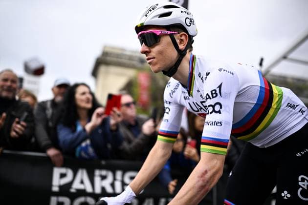 Slovenian Tadej Pogacar of UAE Team Emirates pictured at the start of the men elite race of the Paris-Roubaix one day cycling race, 259,2 km from Compiegne to Roubaix, France, on Sunday 13 April 2025. JASPERxJACOBS  x120700513x