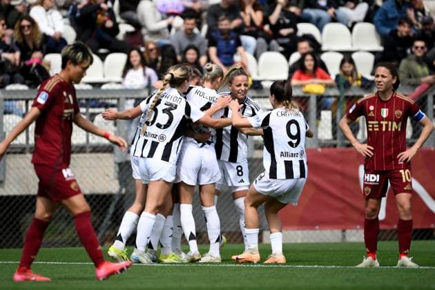 Emma Stolen Godo of Juventus FC celebrates with team mates after scoring the goal of 0-1 during the Women s Serie A 2024 2025 play off football match between AS Roma and Juventus FC at Tre Fontane stadium in Roma (Italy), April 13, 2025. AndreaxStaccioli