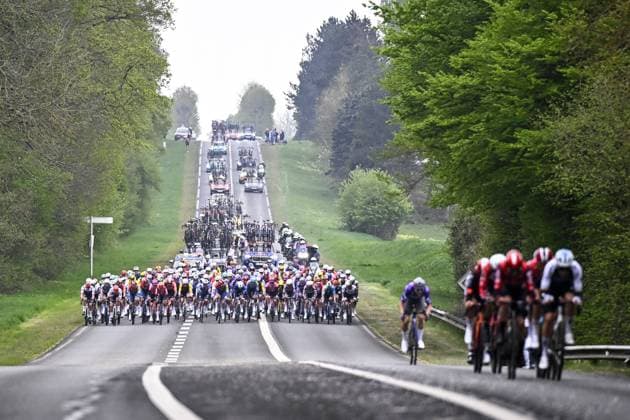 The peloton pictured in action during the men elite race of the Paris-Roubaix one day cycling race, 259,2 km from Compiegne to Roubaix, France, on Sunday 13 April 2025. JASPERxJACOBS  x120703760x