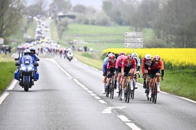 Norwegian Markus Hoelgaard of Uno-X Mobility and German Kim Alexander Heiduk of Ineos Grenadiers pictured in action during the men elite race of the Paris-Roubaix one day cycling race, 259,2 km from Compiegne to Roubaix, France, on Sunday 13 April 2025. JASPERxJACOBS  x120704320x