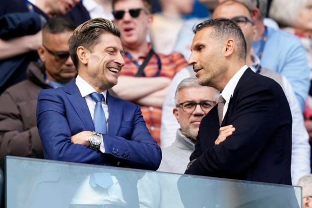Manchester, England, 12th April 2025. Crystal Palace chairman Steve Parish (L) talks with Manchester City chairman Khaldoon Al Mubarak during the Manchester City vs Crystal Palace Premier League match at the Etihad Stadium, Manchester. Picture credit should read: Andrew Yates Sportimage EDITORIAL USE ONLY. No use with unauthorised audio, video, data, fixture lists, club league logos or live services. Online in-match use limited to 120 images, no video emulation. No use in betting, games or single club league player publications. SPI_067_AY_MAN_CITY_PALACE SPI-3823-0077