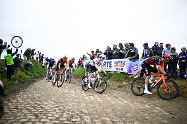 Slovenian Tadej Pogacar of UAE Team Emirates pictured in action during the men elite race of the Paris-Roubaix one day cycling race, 259,2 km from Compiegne to Roubaix, France, on Sunday 13 April 2025. JASPERxJACOBS  x120708764x
