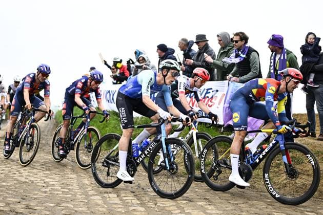 Belgian Sander De Pestel of Decathlon AG2R La Mondiale Team pictured in action during the men elite race of the Paris-Roubaix one day cycling race, 259,2 km from Compiegne to Roubaix, France, on Sunday 13 April 2025. JASPERxJACOBS  x120708874x