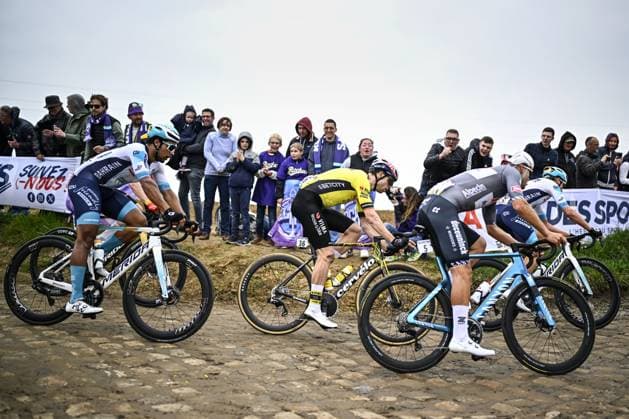 Belgian Wout van Aert of Team Visma-Lease a Bike pictured in action during the men elite race of the Paris-Roubaix one day cycling race, 259,2 km from Compiegne to Roubaix, France, on Sunday 13 April 2025. JASPERxJACOBS  x120709264x