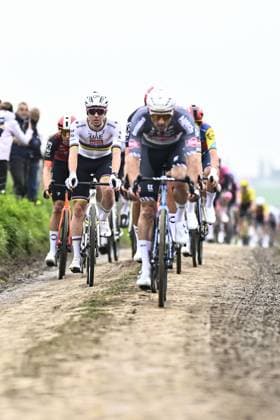 Slovenian Tadej Pogacar of UAE Team Emirates pictured in action during the men elite race of the Paris-Roubaix one day cycling race, 259,2 km from Compiegne to Roubaix, France, on Sunday 13 April 2025. JASPERxJACOBS  x120709684x