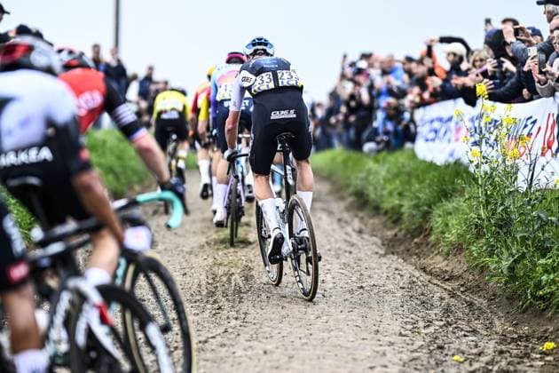 Belgian Frederik Frison of Q36.5 Pro Cycling Team pictured in action during the men elite race of the Paris-Roubaix one day cycling race, 259,2 km from Compiegne to Roubaix, France, on Sunday 13 April 2025. JASPERxJACOBS  x120709943x