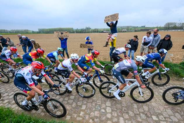 Paris Roubaix 2025 Cycling Race Roubaix, France - April 13 : Pedersen Mads (DEN) of Lidl - Trek, Van Der Poel Mathieu (NED) of Alpecin - Deceuninck, Pogacar Tadej (SLO) of UAE Team Emirates - XRG in action during the 122nd edition of Paris Roubaix an UCI World Tour cycling race for Men Elite of 259,7 kms with start in Compiegne and finish at the Velodrome Andre-Petrieux in Roubaix on April 13, 2025 in Roubaix, France, 13 04 2025 ( Motordriver Kenny Verfaillie - Roubaix France  Copyright: xVincentxKalutx