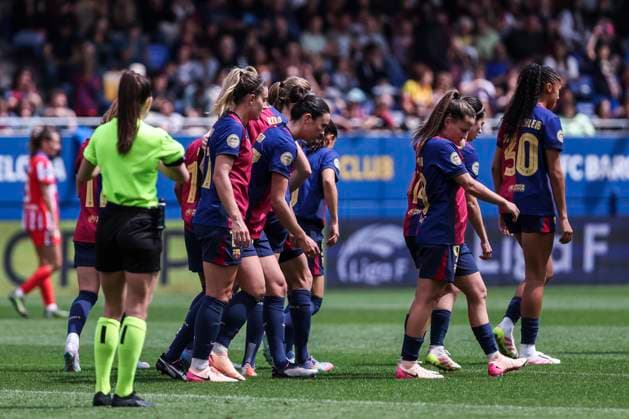 April 13, 2025, Sant Joan Despi, Barcelona, Spain: Aitana Bonmati of FC Barcelona, Barca celebrates a goal with her teammates during the Spanish Women league, Liga F, football match played between FC Barcelona and Atletico de Madrid at Johan Cruyff Stadium on April 13, 2025 in Sant Joan Despi, Spain. Sant Joan Despi Spain - ZUMAa181 20250413_zaa_a181_095 Copyright: xJavierxBorregox