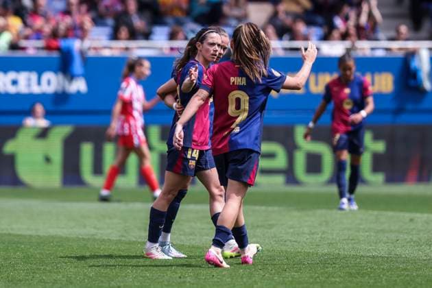 April 13, 2025, Sant Joan Despi, Barcelona, Spain: Aitana Bonmati of FC Barcelona, Barca celebrates a goal with her teammates during the Spanish Women league, Liga F, football match played between FC Barcelona and Atletico de Madrid at Johan Cruyff Stadium on April 13, 2025 in Sant Joan Despi, Spain. Sant Joan Despi Spain - ZUMAa181 20250413_zaa_a181_096 Copyright: xJavierxBorregox