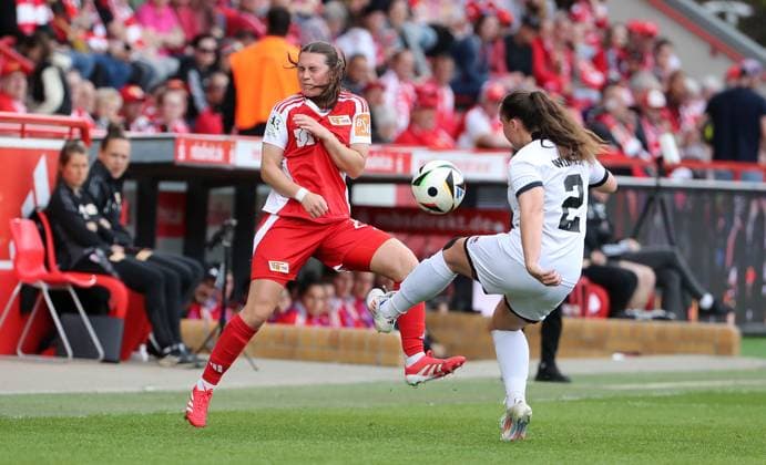 Antonia Halverkamps in a duel with Mara Winter Action Match scene Sport Football Soccer 2 Bundesliga Women Women Season 2024 2025 13 04 2025 1 FC Union Berlin vs FC Ingolstadt FCI DFL regulations prohibit any use of photographs as image sequences and or quasi video