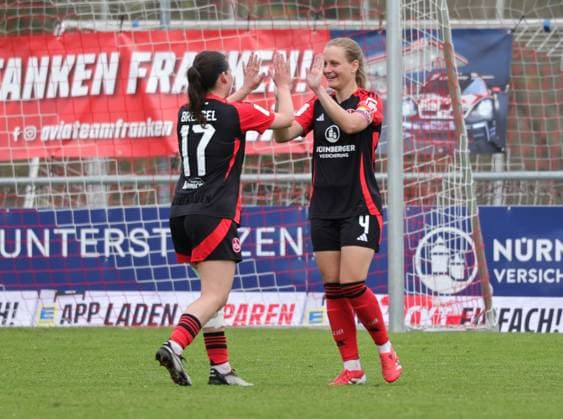 13 04 2025 Soccer Season 2024 2025 2 Women Soccer Bundesliga 21 Matchday 1 FC Nürnberg FCN Club Clubfrauen SC Sand Sportfoto Zink DaMa xdaxmax Jubel Freude Torjubel nach Tor zum 2 0 Jonna Brengel 17, 1 FC Nürnberg FCN Luisa Guttenberger 4, 1 FC Nürnberg FCN jubelt freue sich Torschütze Luisa Guttenberger 4, 1 FC Nürnberg FCN