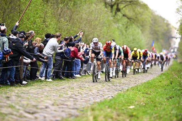 Slovenian Tadej Pogacar of UAE Team Emirates pictured in action at TrouÃ e d Arenberg during the men elite race of the Paris-Roubaix one day cycling race, 259,2 km from Compiegne to Roubaix, France, on Sunday 13 April 2025. JASPERxJACOBS  x120714498x