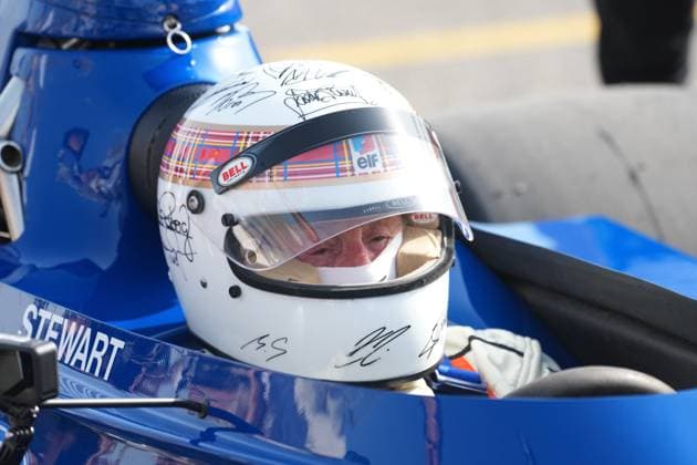 Formula 1 Gulf Air Bahrain Grand Prix 2025 13 04 2025, Bahrain International Circuit, Sakhir, Formula 1 Gulf Air Bahrain Grand Prix 2025 ,pictured Triple F1 World Champion, Sir Jackie Stewart, races his Tyrrell 006 in Bahrain to benefit the global Race Against Dementia Foundation Wearing a celebrity-signed helmet, even with an actual signature from Michael Schumacher nordphotoxGmbHx xBratic nph00250