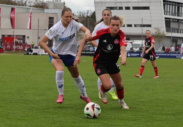 13 04 2025 Soccer Season 2024 2025 2 Women Soccer Bundesliga 21 Matchday 1 FC Nürnberg FCN Club Clubfrauen SC Sand Sportfoto Zink DaMa xdaxmax Ronja Schaer 13, SC Sand Medina Desic 10, 1 FC Nürnberg FCN