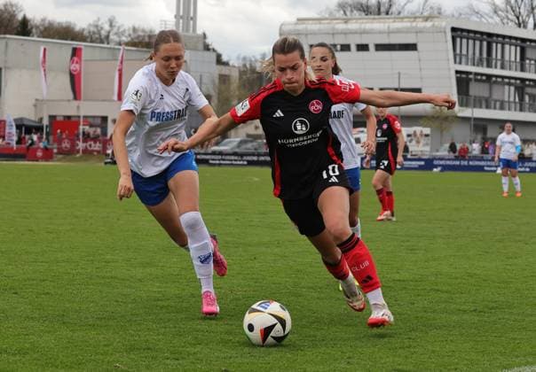 13 04 2025 Soccer Season 2024 2025 2 Women Soccer Bundesliga 21 Matchday 1 FC Nürnberg FCN Club Clubfrauen SC Sand Sportfoto Zink DaMa xdaxmax Ronja Schaer 13, SC Sand Medina Desic 10, 1 FC Nürnberg FCN
