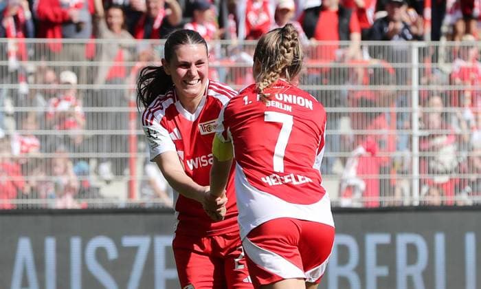 Sophie Trojahn cheers after 2 0 with Lisa Heiseler Joy Emotion Jubilation Sport Football Soccer 2 Bundesliga Women Women Season 2024 2025 13 04 2025 1 FC Union Berlin vs FC Ingolstadt FCI DFL regulations prohibit any use of photographs as image sequences and or quasi video