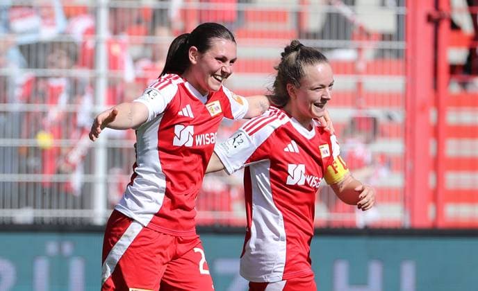 Sophie Trojahn cheers after 2 0 with Lisa Heiseler Joy Emotion Jubilation Sport Football Soccer 2 Bundesliga Women Women Season 2024 2025 13 04 2025 1 FC Union Berlin vs FC Ingolstadt FCI DFL regulations prohibit any use of photographs as image sequences and or quasi video