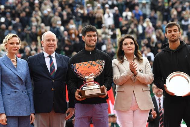 TENNIS : Rolex Monte Carlo Masters 2025 - Finale - Masters 1000 ATP, Tennis Herren - Monaco - 13 04 2025 Le prince Albert de Monaco avec son epouse Charlene Wittstock - Carlos Alcaraz (ESP) - Lorenzo Musetti (ITA) - Melanie-Antoinette de Massy (PrÃ sidente de la FÃ dÃ ration MonÃ gasque de Tennis et du Monte-Carlo Country Club) Monaco  Copyright: xChryslenexCaillaudx xMCCCx