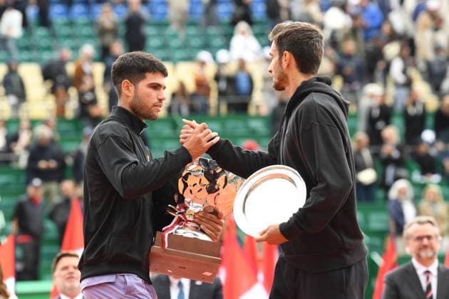 TENNIS : Rolex Monte Carlo Masters 2025 - Finale - Masters 1000 ATP, Tennis Herren - Monaco - 13 04 2025 Carlos Alcaraz (ESP) - Lorenzo Musetti (ITA) Monaco  Copyright: xChryslenexCaillaudx xMCCCx