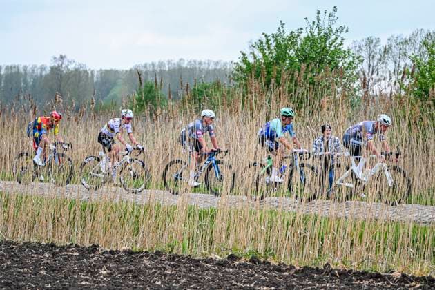 Paris Roubaix 2025 Cycling Race Roubaix, France - April 13 : Illustration picture of the escape pack, Van Der Poel Mathieu (NED) of Alpecin - Deceuninck, Pedersen Mads (DEN) of Lidl - Trek, Pogacar Tadej (SLO) of UAE Team Emirates - XRG, Philipsen Jasper (BEL) of Alpecin-Deceuninck during the 122nd edition of Paris Roubaix an UCI World Tour cycling race for Men Elite of 259,7 kms with start in Compiegne and finish at the Velodrome Andre-Petrieux in Roubaix on April 13, 2025 in Roubaix, France, 13 04 2025 ( Motordriver Kenny Verfaillie - Roubaix France  Copyright: xVincentxKalutx