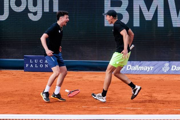 BMW Open Munich ATP 500 13 04 2025 Justin Engel Germany and Max Hans Rehberg Germany celebrate after winning the doubles match against Robin Haase Netherlands and Hendrik Jebens Germany BMW Open by Bitpanda Munich ATP 500 Day 2, Munich, MTTC Iphitos on 13 04 2025 Copyright: xBEAUTIFULxSPORTS Wunderlx