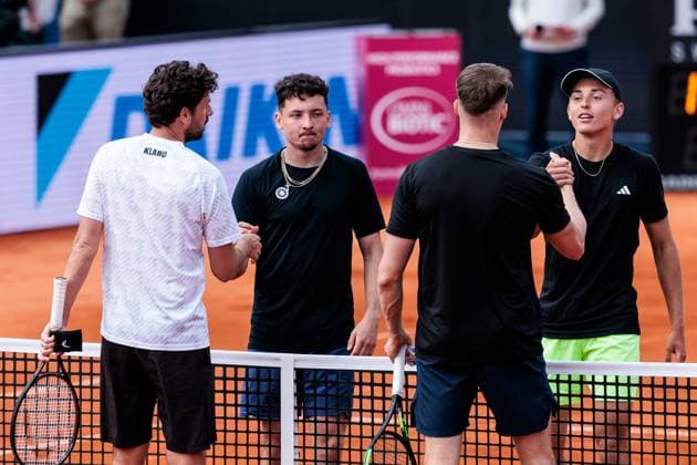 BMW Open Munich ATP 500 13 04 2025 Justin Engel Germany and Max Hans Rehberg Germany clap off after winning the doubles against Robin Haase Netherlands and Hendrik Jebens Germany BMW Open by Bitpanda Munich ATP 500 Day 2, Munich, MTTC Iphitos on 13 04 2025 Copyright: xBEAUTIFULxSPORTS Wunderlx