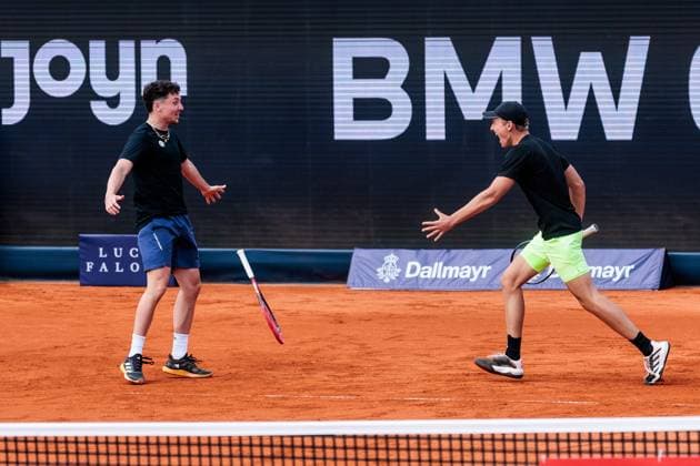BMW Open Munich ATP 500 13 04 2025 Justin Engel Germany and Max Hans Rehberg Germany celebrate after winning the doubles match against Robin Haase Netherlands and Hendrik Jebens Germany BMW Open by Bitpanda Munich ATP 500 Day 2, Munich, MTTC Iphitos on 13 04 2025 Copyright: xBEAUTIFULxSPORTS Wunderlx
