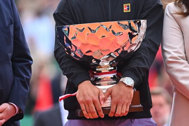 Prince Albert II And Charlene At Rolex Masters Final - Monaco Carlos Alcaraz of Spain holds his trophy at the trophy presentation after the singles final during day eight of the Rolex Monte-Carlo Masters at Monte-Carlo Country Club on April 13, 2025 in Monte-Carlo, Monaco. Photo by Corinne Dubreuil ATP, Tennis Herren Tour ABACAPRESS.COM Monaco Monte-Carlo Monaco  Copyright: xDubreuilxCorinne ABACAx