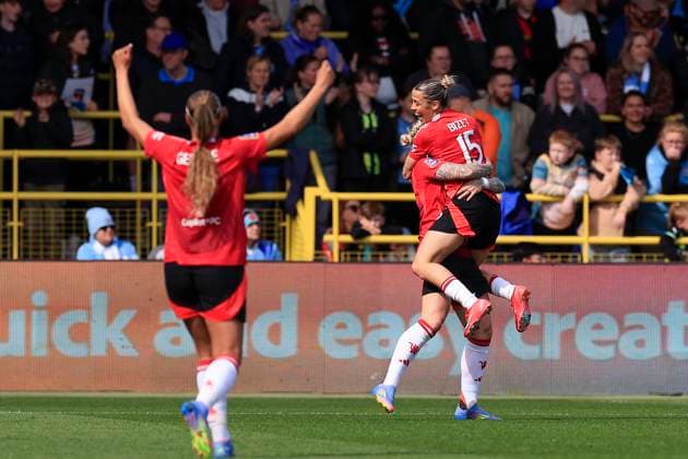Manchester City Women v Manchester United, ManU Women Women s FA Cup 13 04 2025. Semi-Final Celin Bizet Ildhusoy (15) of Manchester United celebrates scoring to make it 0-1 during the Women s FA Cup semi final match between Manchester City Women and Manchester United Women at the Joie Stadium, Manchester, United Kingdom on 13 April 2025. Manchester Joie Stadium Gt Manchester United Kingdom Editorial use only , Copyright: xConorxMolloyx PSI-21848-0024