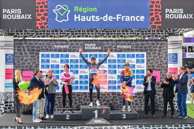 Paris Roubaix 2025 Cycling Race Roubaix, France - April 13 : Pedersen Mads (DEN) of Lidl - Trek, Pogacar Tadej (SLO) of UAE Team Emirates - XRG, Van Der Poel Mathieu (NED) of Alpecin - Deceuninck on the podium during the 122nd edition of Paris Roubaix an UCI World Tour cycling race for Men Elite of 259,7 kms with start in Compiegne and finish at the Velodrome Andre-Petrieux in Roubaix on April 13, 2025 in Roubaix, France, 13 04 2025 ( Motordriver Kenny Verfaillie - Roubaix France  Copyright: xVincentxKalutx